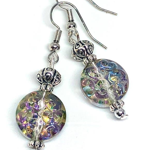 AB Rose Pink Green Luster Round Swirl Glass Coin Disk Bali Style Dangle Earrings - Picture 2 of 5